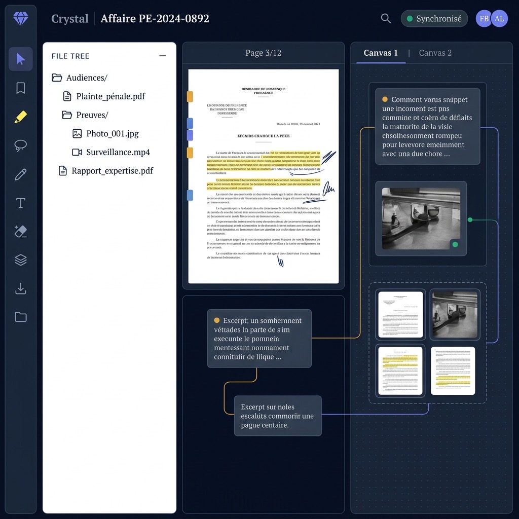 Crystal en mode sombre — espace de travail complet avec toolbar, arborescence, lecteur PDF annoté et canvas infini