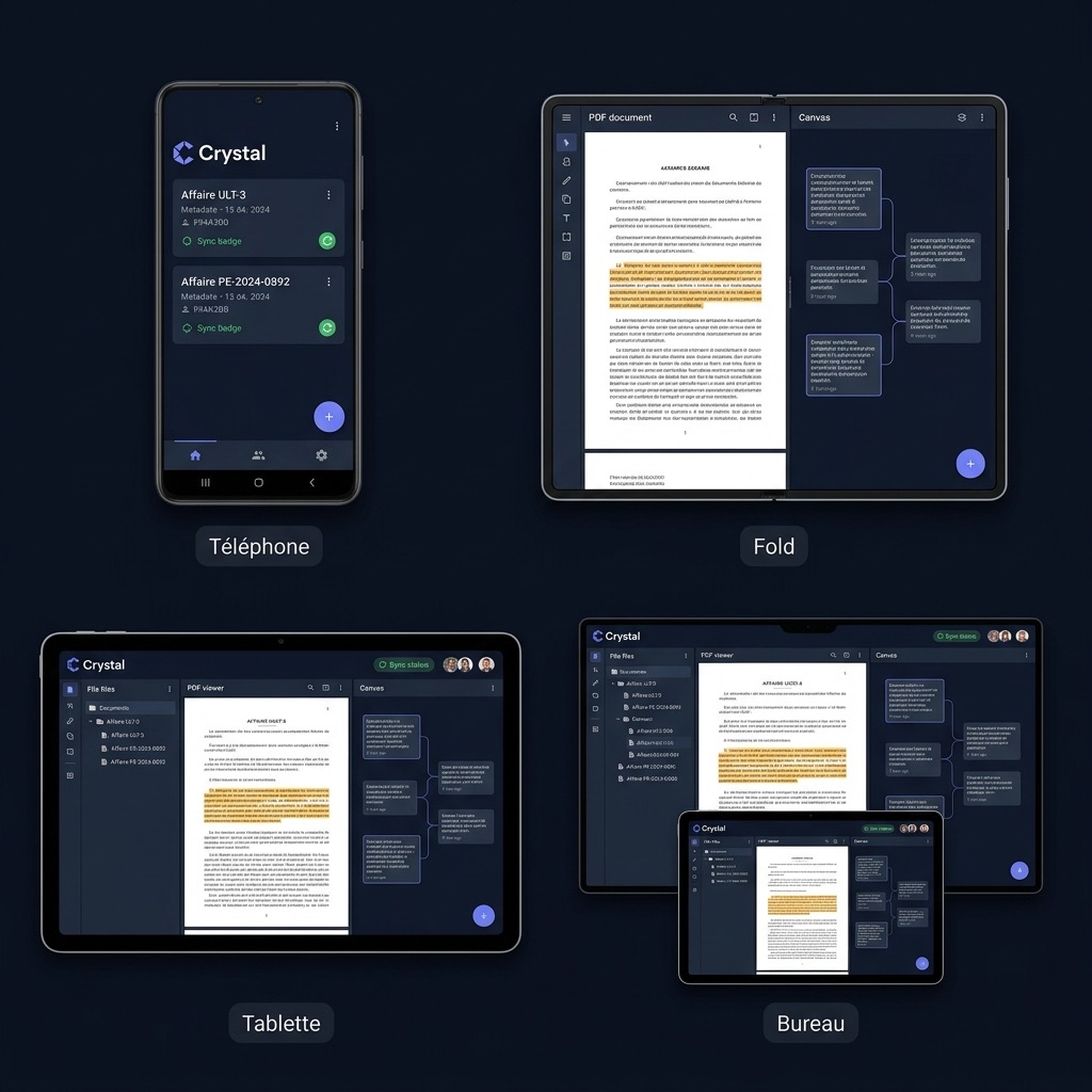 Crystal sur téléphone, Galaxy Z Fold, tablette et mode bureau